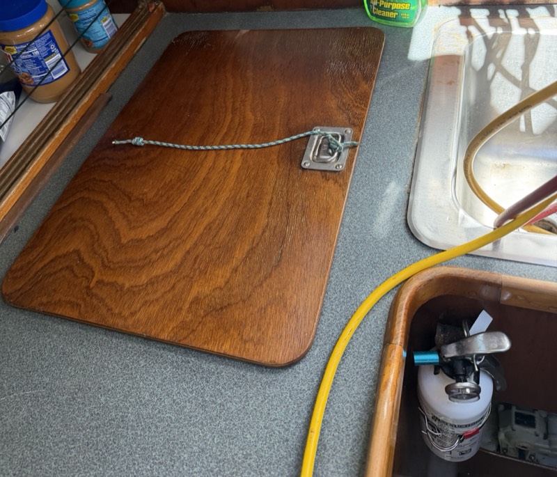 Freezer lid back in place on the galley counter